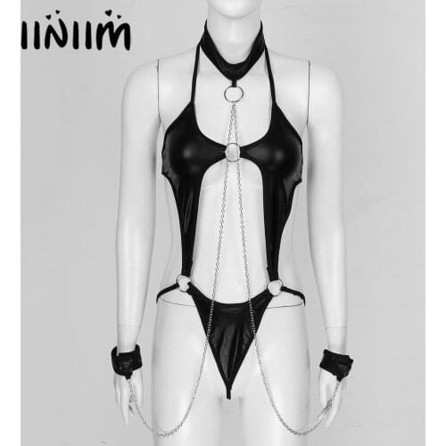 Iiniim Women Sexy Bodycon Cutout Patent Leather Lingerie Suit Nightwear Clubwear Halter Lace-up Bodysuit with Metal Chain Cuffs