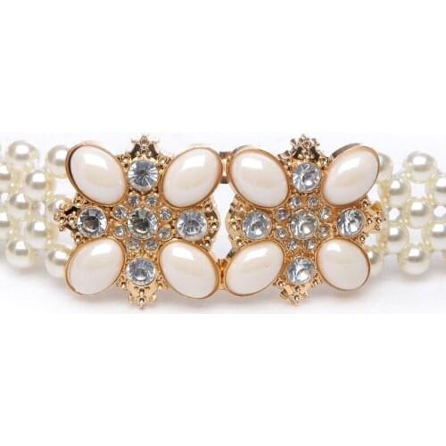 Customerized Pearl Waistband Handmade Women White Pearl Waeving Elastic Strech Waist Belt Rhinestone Hook Buckle Cincn Strap