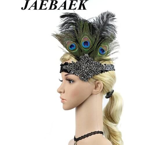 JAEBAEK 1920s Flapper Peacock Feather Headband 20s Sequined Showgirl Headpiece