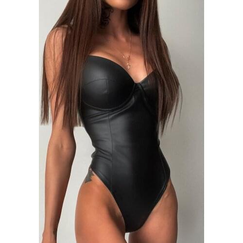 PU Leather Bodysuit Women Plunge Sleeveless Femme Sexy Solid V-Neck Black Stripped Skinny Jumpsuit Lady Sensual Underwear