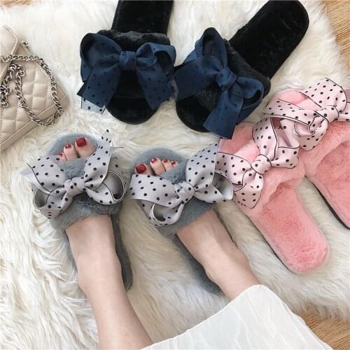 Korean version of the new suede sweet bow fur flat slippers womens home cute slippers