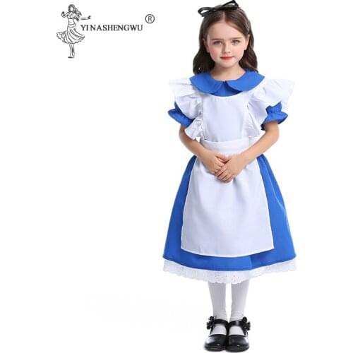 Lolita Maid Cosplay Costume Carnival Children Girls Party Halloween Costumes Blue Alice In Wonderland Costume for Kids Dress