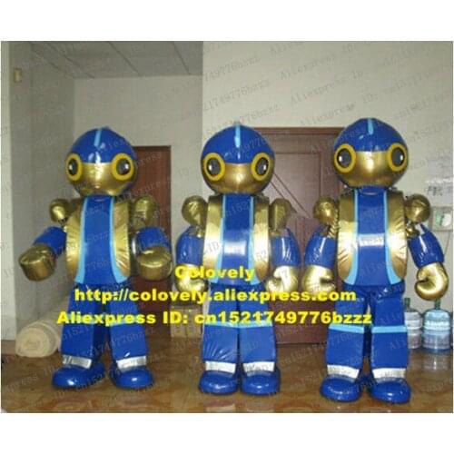 Brave Blue Robot Automaton Mascot Costume Adult Size With Globe Blue Gold Head Bright Brown Round Eyes Gold Gloves No.6433 FS