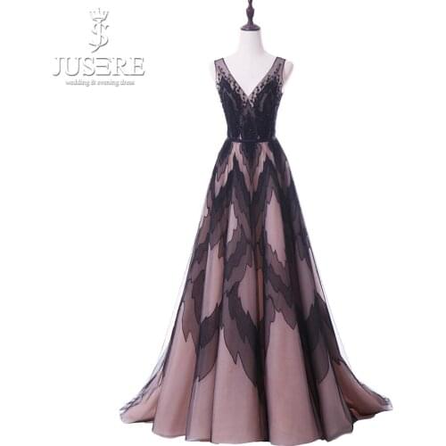 Black Pattern Lace A line V neckline Open Back Haute Couture Box Pleat Skirt Beading Top Occasion Formal Sexy Evening Dress 2018