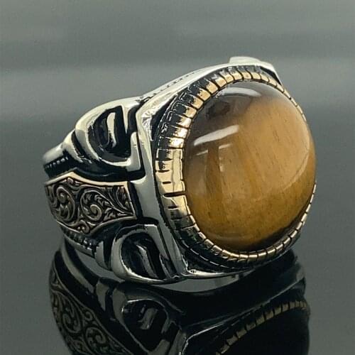 Men Handmade Silver Ring, Tiger Eye Round Gemstone Ring , Turkish 925 Sterling Silver Ring , Ottoman Style Ring