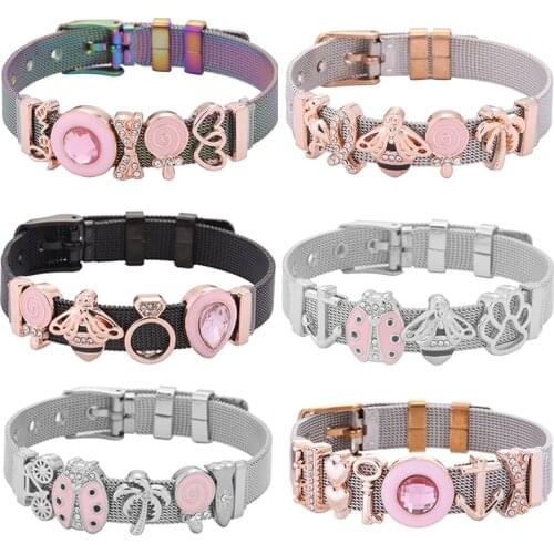 Stainless Steel Pink Lollipop Bracelet For Women Mesh Bracelet Set Crystal Bees Charm Fine Bracelets Bangles for Female Lover