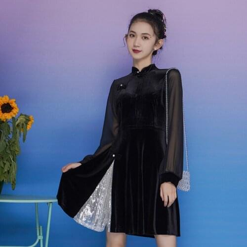 SWEETXUE 2020 Autumn New qipao velvet Girl Fashion Chinese Style Sequin patchwork Mini Dress Fashion Women