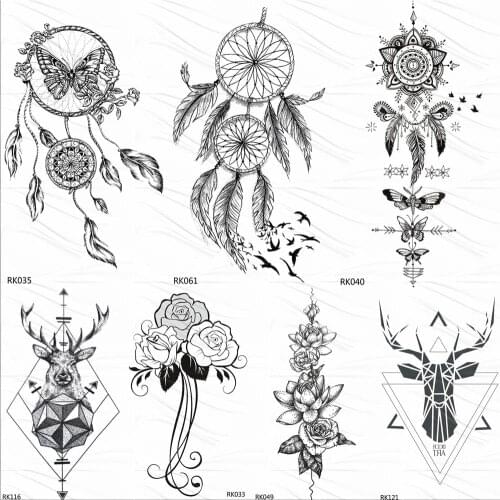 OMMGO Dream Catcher Butterfly Feather Temporary Tattoos Sticker Black Henna Body Art Arm Fake Tatoos Leaf Sexy Custom Tattoo