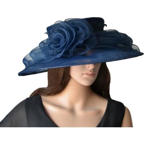 NEW Wholesale Attractive multiple color Navy blue big organza hat bridal hat with feathers for wedding/races/party/church