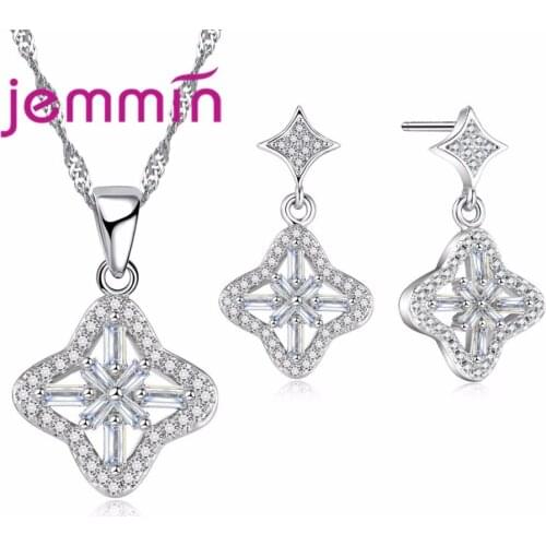 Authentic 925 Sterling Silver Jewelry Set Promise Flower White Crystal Strone Jewelry Sets Necklace Earrings Jewelry