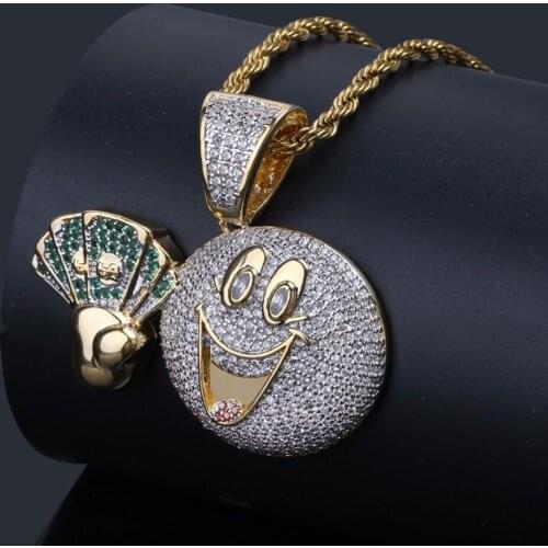 Full AAA+ Zircon Bling Ice Out Cartoon Faces Cash Pendant Necklaces Gold Color Copper Mens Hip Hop Rapper Jewelry Drop Shipping