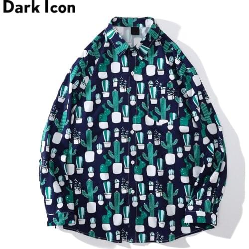 Dark Icon Cactus Full Printed Shirt for Men Long Sleeve Autumn Streetwear Mens Shirts Male Top