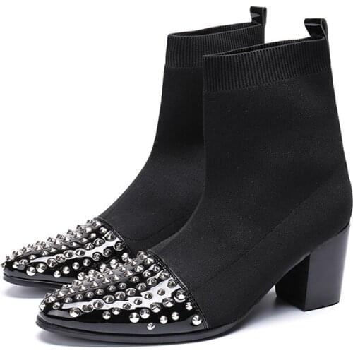 Zapatos De Hombre Designer Men Stretch Fabric Rivets Boots Iron Toe Oxfords Shoes Italian Style Formal Bridal High Heels Shoes