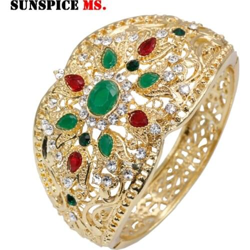 SUNSPICEMS Gold Colorful Crystal Female Cuff Bracelet Bangle For Women Arabic Ethnic Wedding Jewelry Bridal Gifts Wholesale