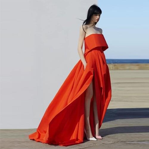 Verngo 2021Fashion Living Coral Evening Side Slit Dress Evening Dresses Long Rose Red Formal Dress Robe De Soiree