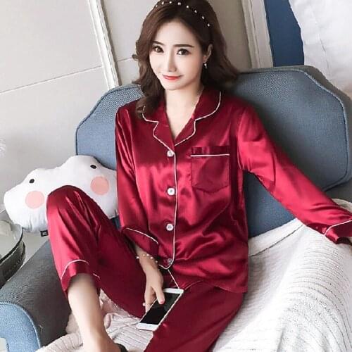 Women Pajama Sets Silk Satin Pijama Turn-down Collar Sleepwear Lady Long Sleeve Spring Nightwear Femme 2 Pieces Sets Homewear