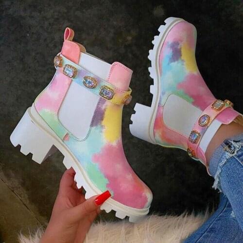 Women Ankle Boots Autumn Winter Fashion Short Boots Ladies Rhinestone Rainbow Shoes Non-Slip Thick Bottomn Footwear 2021 New