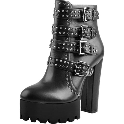 Richealnana Womens Round Toe Platform Rivet Chunky 13~14CM Square Heel Thick Ankle Boots Straps Combat Zip Boots Winter