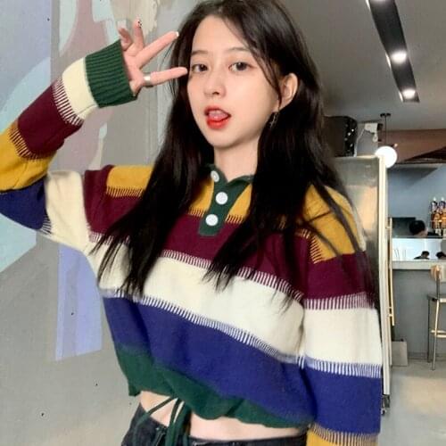 Autumn 2020 Korean Color Matching Striped Short Chic Drawstring Polo Collar Women Sweater Retro Tops