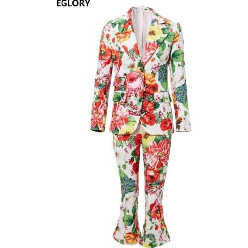 High Quality Womens Blazer Set 2020 Autumn Winter Suits Ladies Colorful Floral Print Blazer Coats+Calf Pants & Capris Sets 2pc