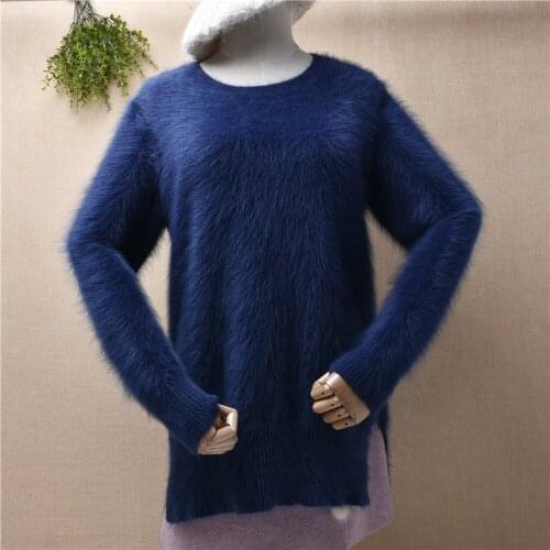 Pull female women hairy fluffy angora rabbit fur knitted long sleeve split slim blouses pullover winter soft warm jumper sweater