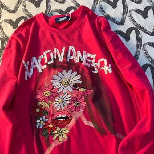 Goth Hip Hop Streetwear Cute Floral Lips Embroidery Sweatshirt Women Kawaii Clothes for Teens 2021 New Long Sleeve Tops Hoodies