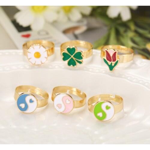 2021 Korean fashion Trendy Enamel Ring for Women girls Taichi Yinyang Flower Gold Color metal Open Ring y2k jewelry Friend Ring