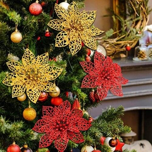 10Pcs Colourful Glitter Artificial Hollow Flowers Wedding Party Christmas Valentines Day Decorations Xmas Tree Home Decor 8Z