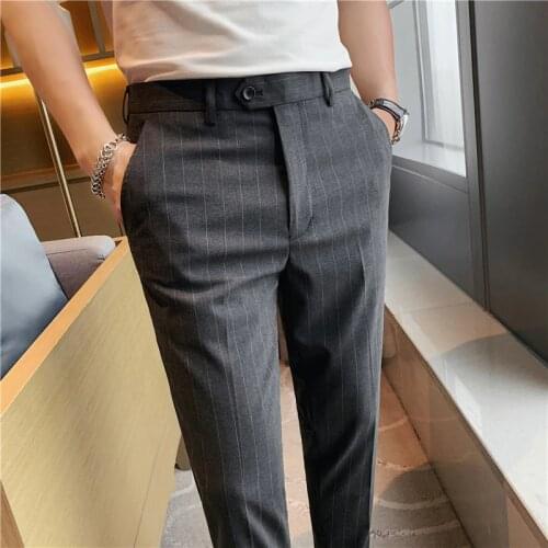 2021 Summer Striped Business Dress Pants Men Casual Slim Office Social Suit Pants Ankle Length Wedding Streetwear Trousers