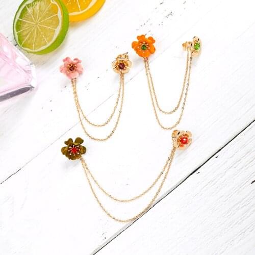 BALANBIU Orange&Green&Pink Flowers Unique Glass Stamen Layered Chain Unilateral Ear Cuff For Women Gold Color Brass Trendy Jewel