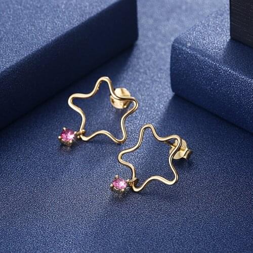LEKANI Pink Crystals From Swarovski Star Stud Earrings for Women 925 Sterling Silver Gold Plated Fine Jewelry Wedding Gift