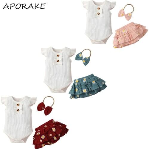 2021 0-12M Baby Girls Ribbed Clothes Set Solid Color Button Sleeveless Romper+Daisy Print Layered Shorts Skirt+Bow-knot Headband