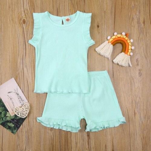 2 Pcs Infant Ribbed Outfits, Baby Girl Fly Sleeve Round Neck Solid Color Pullover + Ruffle Shorts Summer 2021