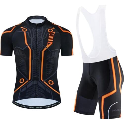 Wulibike tron orange cycling jersey and bib shorts set mens quick drying mtb short sleeve suit for man high-elastic sponge pad