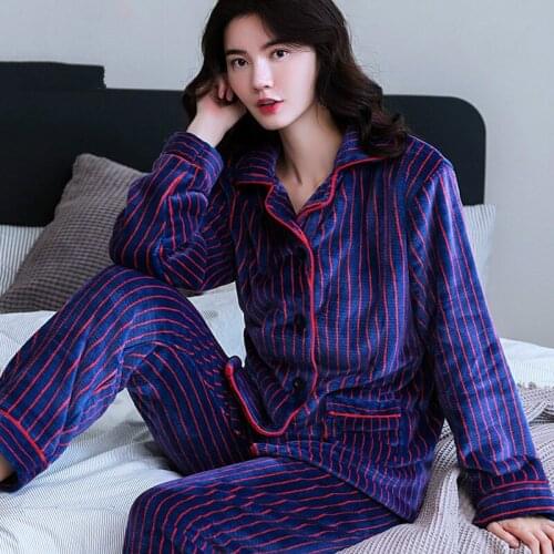 H5799 Korean Women Pajamas Thickened Flannel Coral Fleece Sleepwear Suit Lady Long Sleeve Autumn Winter Printed Warm Nightwear
