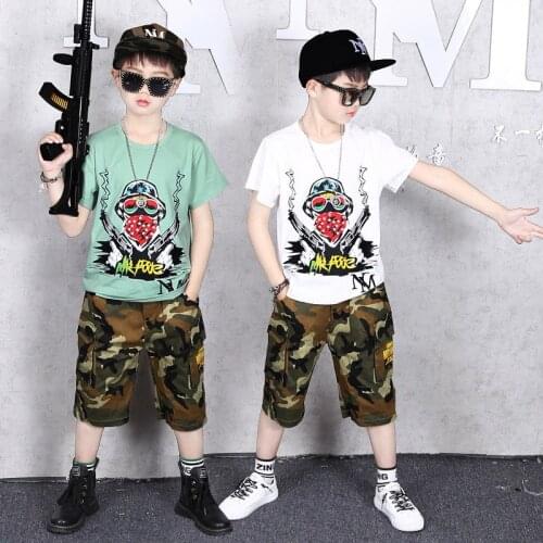 New Summer Clothing Set For Child Kids Boys Girls Cotton 2Pcs Costumes Short Sleeve T-shirt Tops Denim Camouflage Shorts Suits