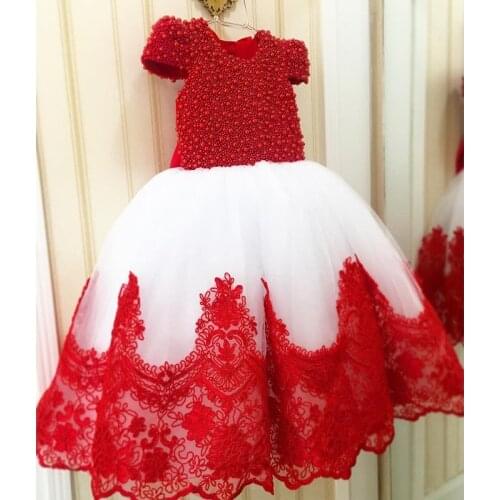 Red Lace Appliques Pearls Top Flower Girls Dresses Jewel Neck Short Sleeve White Tulle Toddler Pageant Gown
