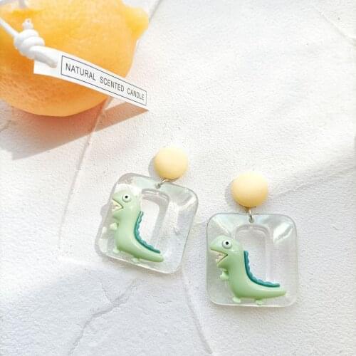 ZiccoWong Lovely Resin Dinosaur Dangle Drop Earring For Women Girl Transparent Square Geometric Cartoon Cute Drop Earring Gift