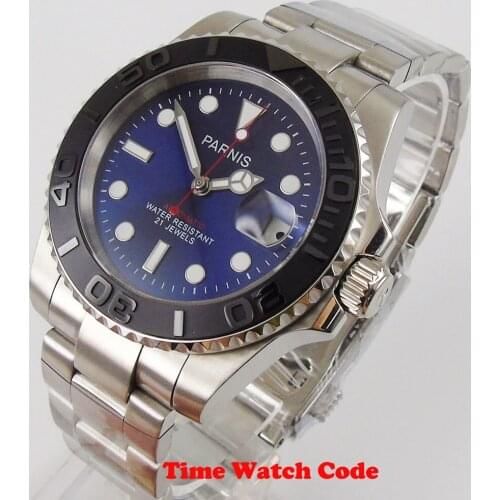 Parnis 40mm Automatic Mens Wristwatch Miyota movement Date display Sapphire Glass Blue dial bracelet ceramic bezel luminous