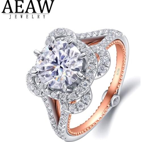 AEAW 2.0ct 8mm D Color Round Brilliant Cut Moissanite Engagement Ring 6-Prong Setting Women Test Positive 14k Two Tone Gold