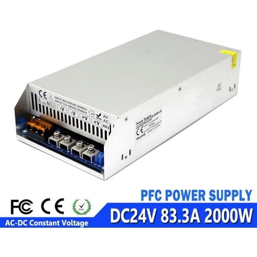 Variable 24VDC Power Supply Switching 83.3A 2000W Driver Transformers 110V 220V AC To DC 24V PFC SMPS for LED Light CCTV Motor