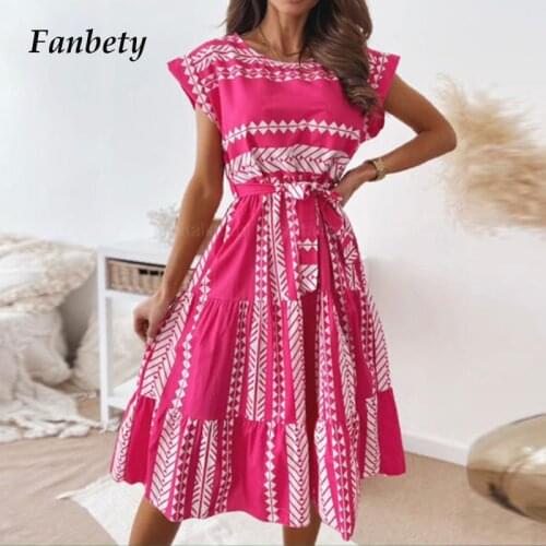 2021 Women Fashion Chic Lace-Up A-Line Dress Summer Casual O-Neck Retro Print Short Sleeve Dress Sexy Irregular Slim Waist Dress