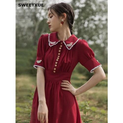 SWEETXUE Womens French Retro Puff Sleeve 2021 Summer Butterfly Embroidery Fashion Elegant Dress