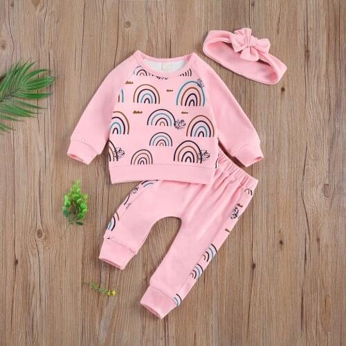 Pudcoco Newborn Baby Clothes Long Sleeve Round Collar Rainbow Print Pullover Long Pants Headband 3Pcs Outfits Autumn Clothes