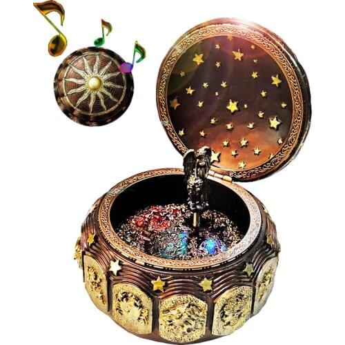 Vintage Constellation Pattern Music Box with Rotating Goddess LED lights Resin Carved Musical Box Melody Castle in the Sky