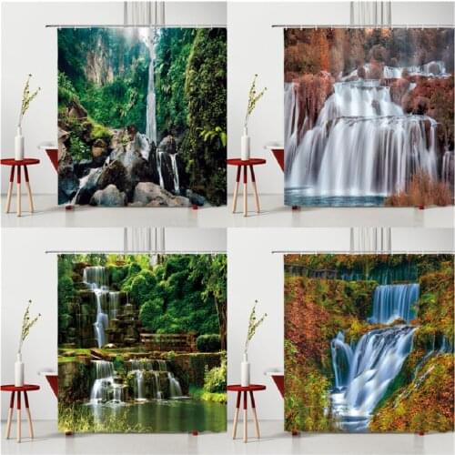 Landscape Valley Beauty Shower Curtain Green Leaf Forest Waterfall Small River Household Products Waterproof Polyester Fabric