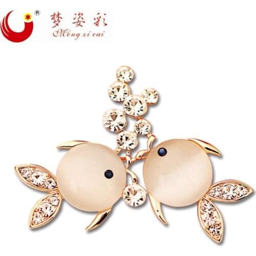 MZC Moonstone Cute Double Fsih Brooch Women Cystal Rhinestone Broches Pins Charming Girls Opal Cheap Costume Jewelry X1496