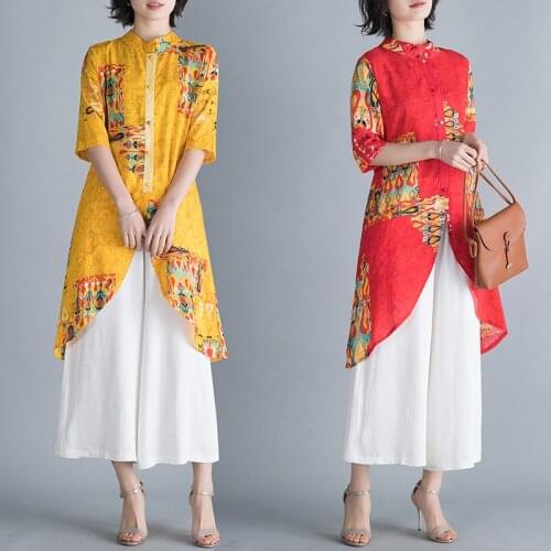 Summer Women Cotton and Linen Clothes Set Vintage Print Stand Collar Half Sleeve Top High Waist Wide Leg Pant Female 2 Piece