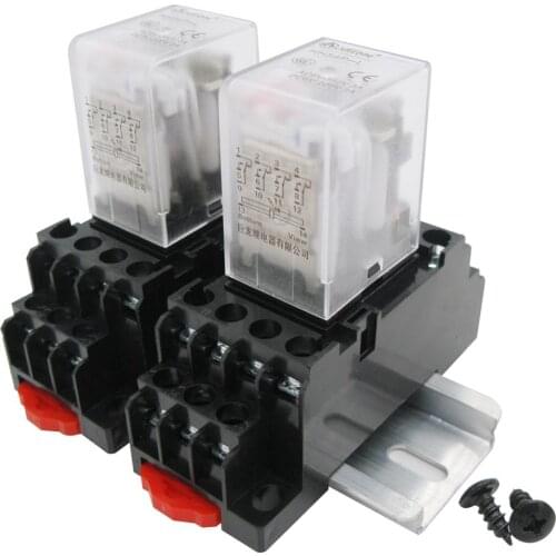 2pcs HH54P DC 12V Coil 14 Pin 5A 4PDT LED Indicator Electromagnetic Power Relay+Base+DIN Rail Slotted Aluminum