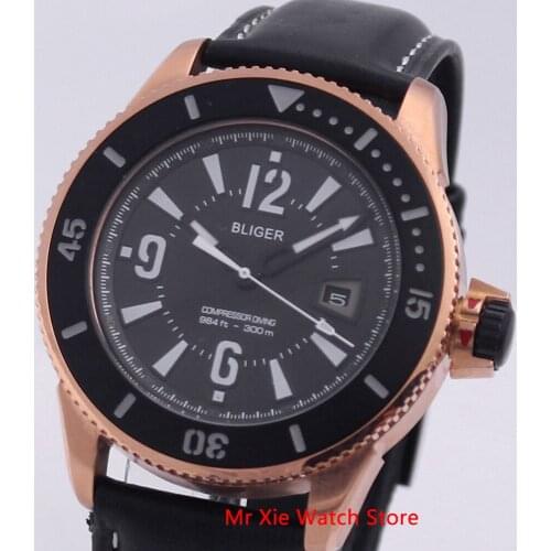 Bliger 43mm Automatic Mechanical Watch Men Luxury Brand Luminous Waterproof PVD Case Leather Strap Calendar Wristwatches Men
